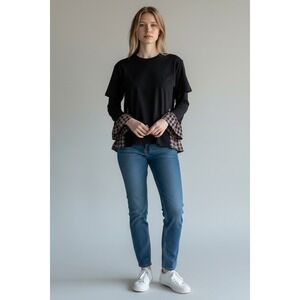 LOFT Navy Blue Plaid Trim Long Sleeve Tunic Dress‎ Size M